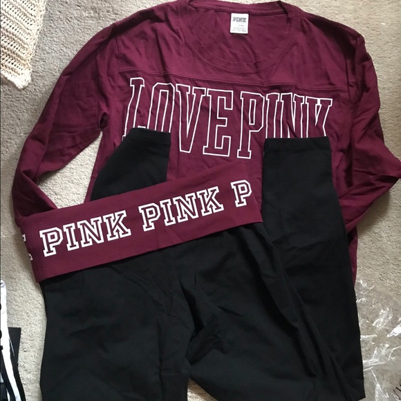 NIP VS PINK COTTON LEGGINGS LONG SLEEVE TEE RUBY - Picture 2 of 8